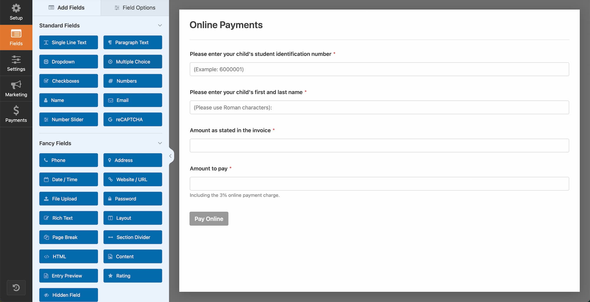 Online payment form